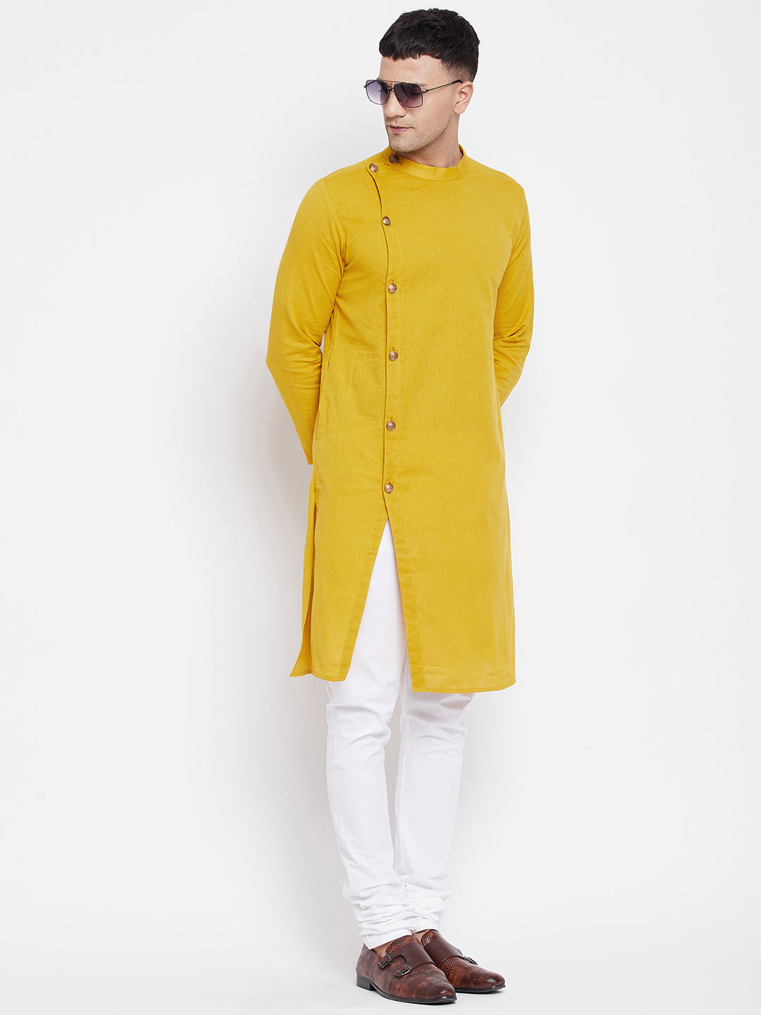 Even Apparels Yellow Pure Cotton Kurta With Band Collar | Grocsy