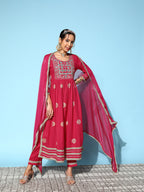 InWeave Women's Pink Nyra Cut Embroidered Kurta Set With Dupatta | Grocsy