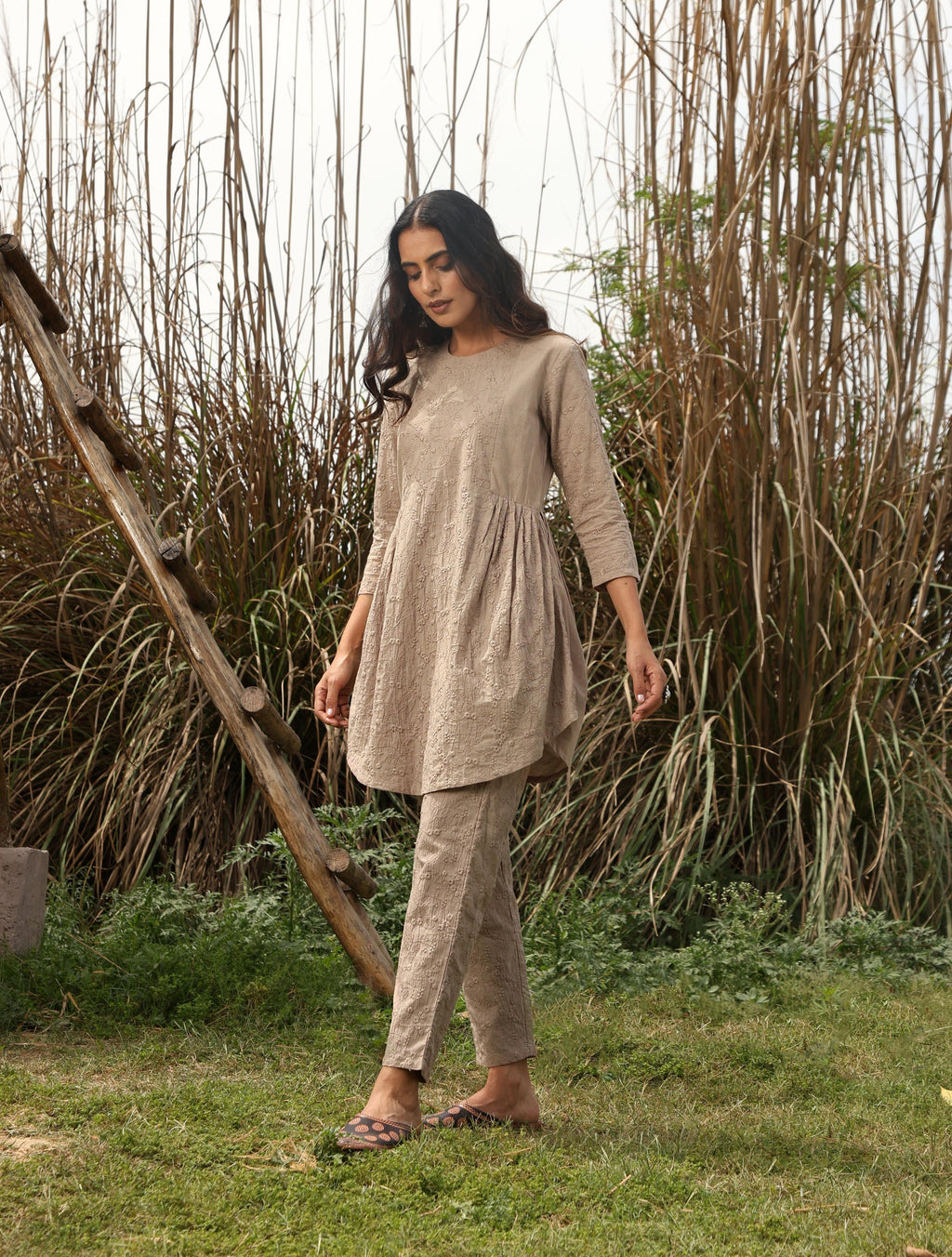 trueBrowns Khaki Cotton Embroidered Co-ord Set | Grocsy