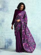 trueBrowns Wine Printed Velvet Ready to Wear Saree | Grocsy