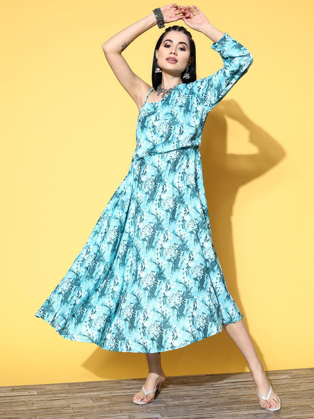 InWeave Women's Sea Blue One Shoulder Rayon Dress | Grocsy