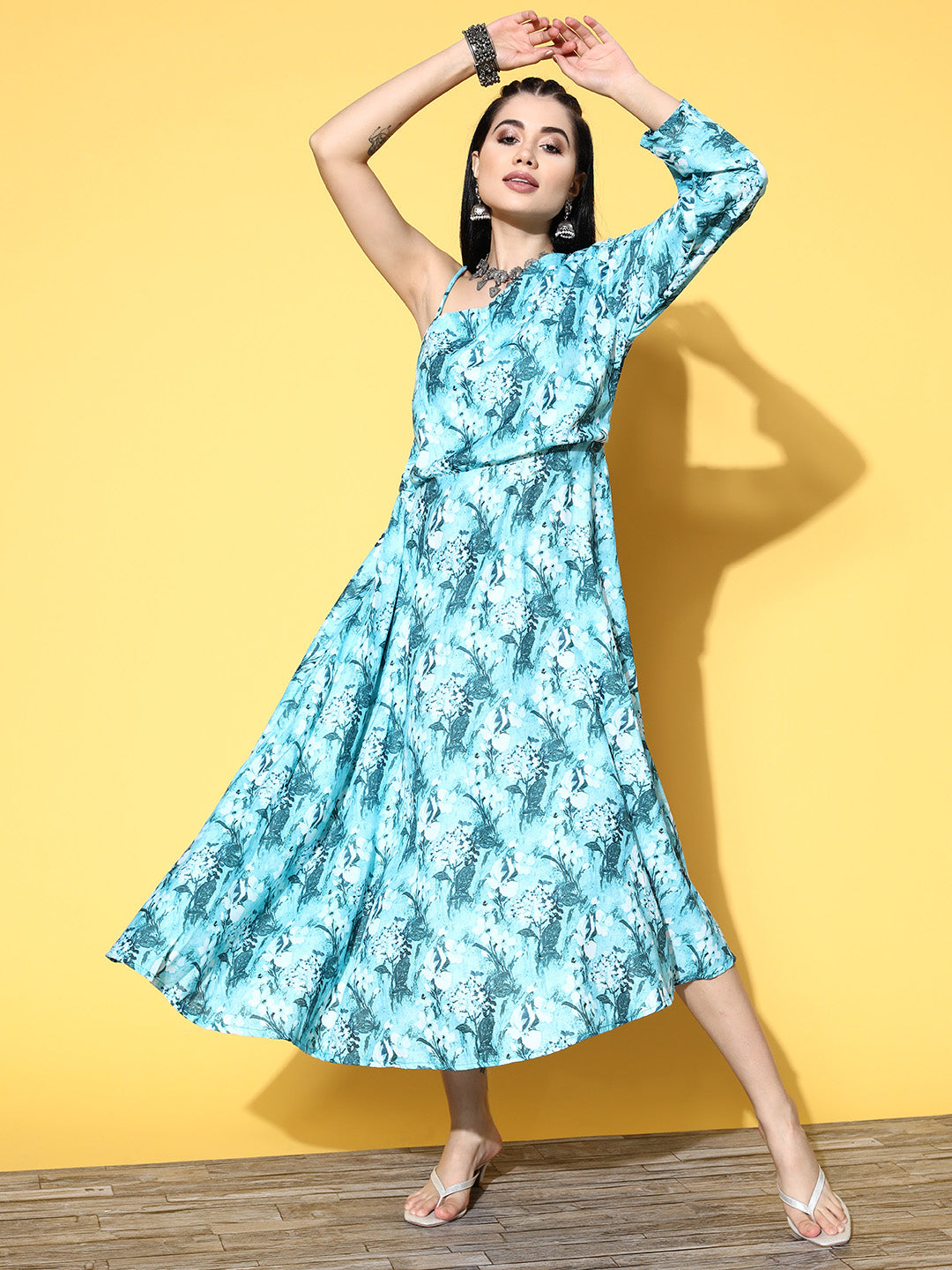 InWeave Women's Sea Blue One Shoulder Rayon Dress | Grocsy