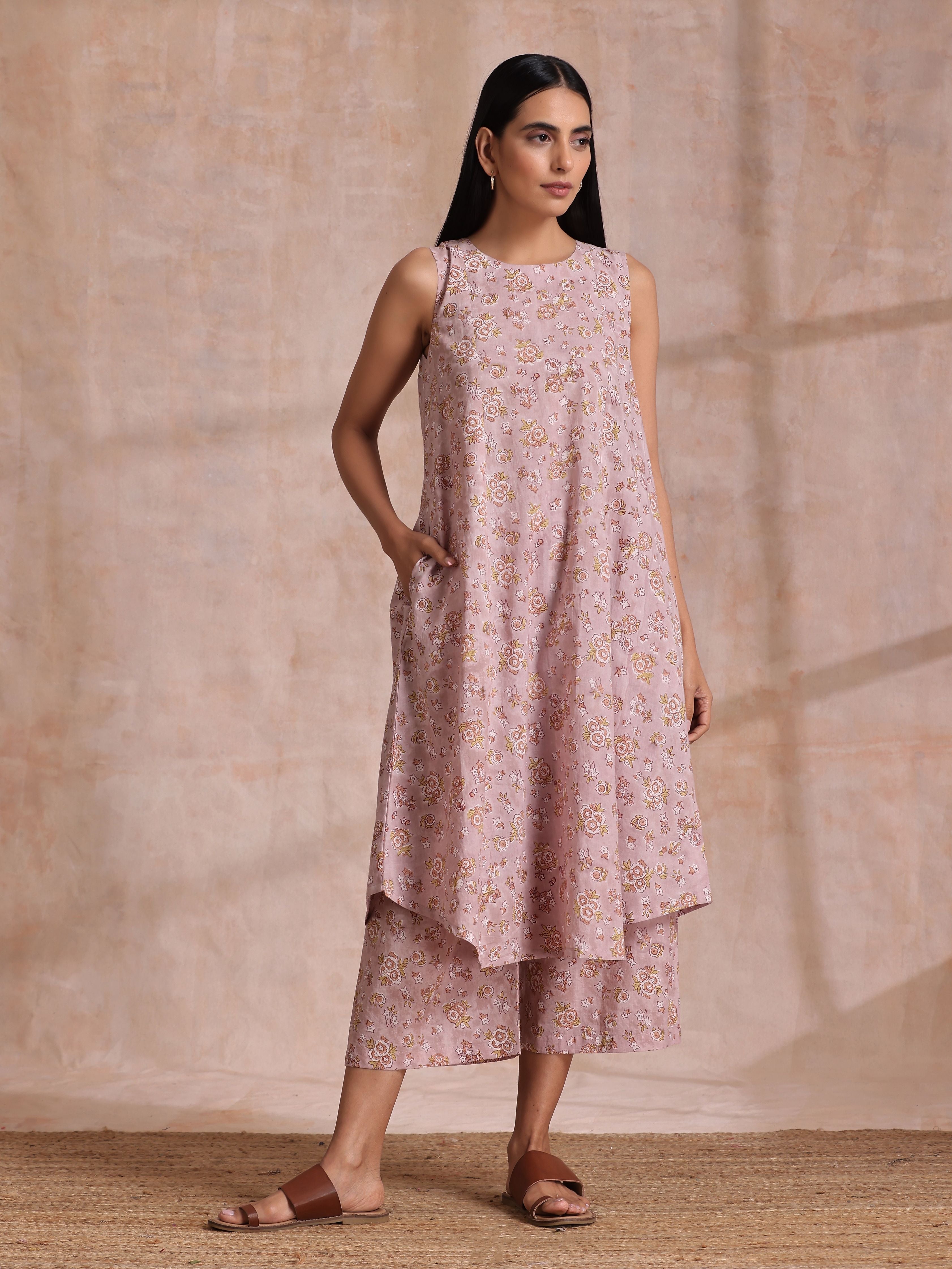 trueBrowns Grey Overall Floral Block Print Cotton High-Low Co-Ord Set | Grocsy