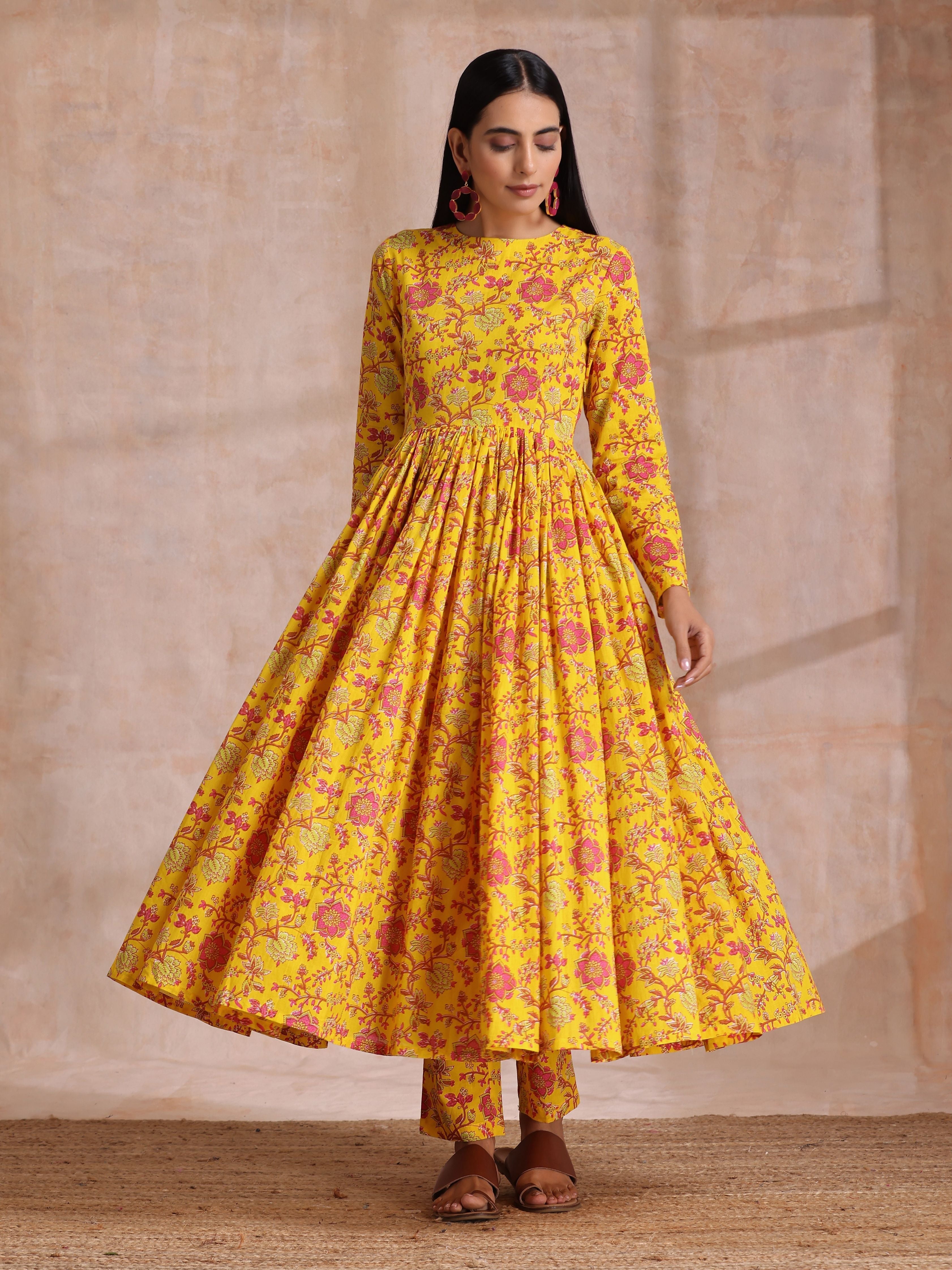 trueBrowns Sunshine Yellow Overall Floral Block Print Cotton Kurta Pant Dupatta Set | Grocsy