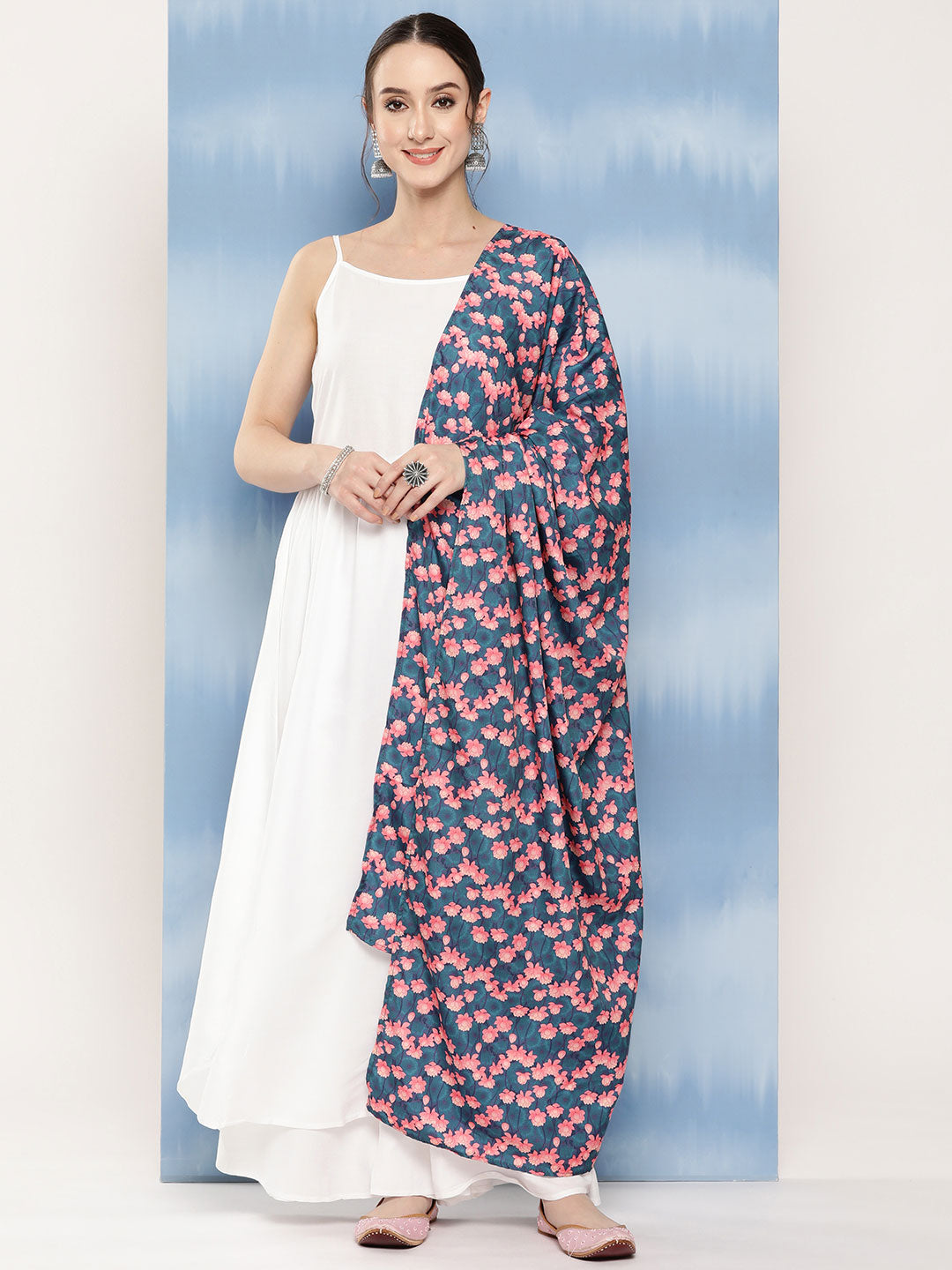 InWeave Women's White Strappy Set With Navy Pink Lotus Cr Dupatta | Grocsy