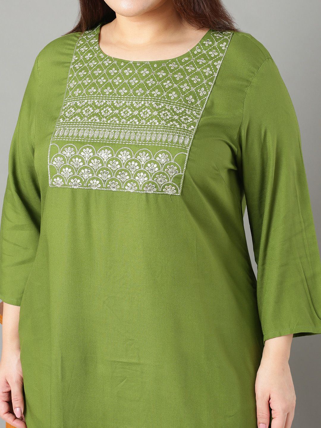 Sztori Plus Size Floral Yoke Design Thread Work Straight Kurta | Grocsy