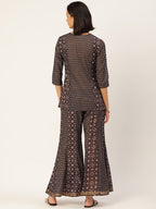 HERE&NOW Women Brown Printed Pure Cotton Top with Palazzos & With Dupatta | Grocsy