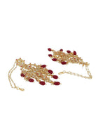 Anikas Creation Red & Gold-Polished Kundan Contemporary Chandbalis With Ear Chain Earrings | Grocsy