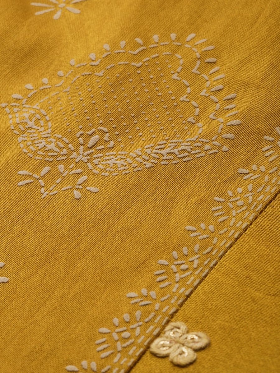 All About You Women Mustard Yellow & Off-White Ethnic Motifs Embroidered Kurta Set | Grocsy