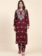 HOUSE OF KARI Floral Embroidered Chikankari Pure Cotton Straight Kurta With Trousers | Grocsy