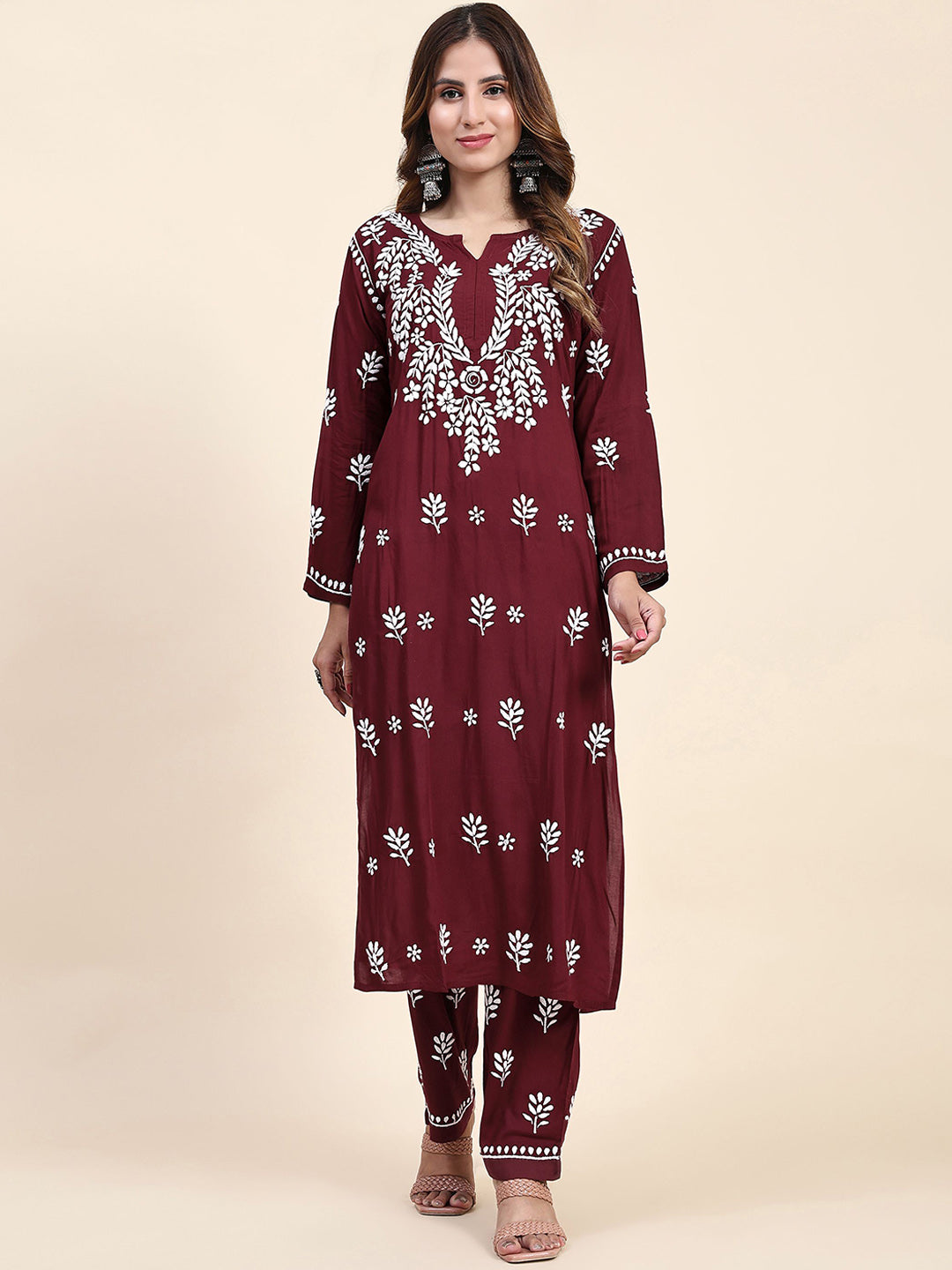 HOUSE OF KARI Floral Embroidered Chikankari Pure Cotton Straight Kurta With Trousers | Grocsy