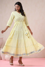 Juniper Yellow Solid Pure Cotton Solid Tiered Maxi Dress With Gota Work Dori Tie-Up & Cushioned Tassels At Waist | Grocsy