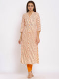 HERE&NOW Orange Mandarin Collar Striped A-Line Kurta | Grocsy