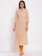 HERE&NOW Orange Mandarin Collar Striped A-Line Kurta | Grocsy