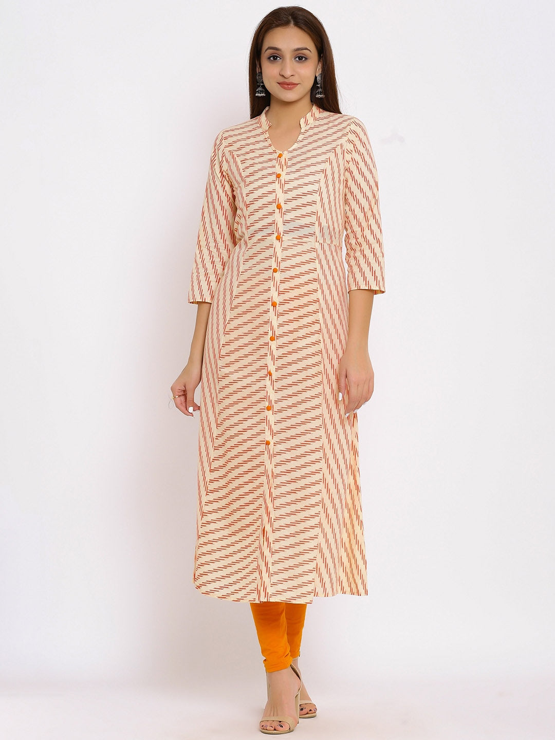 HERE&NOW Orange Mandarin Collar Striped A-Line Kurta | Grocsy