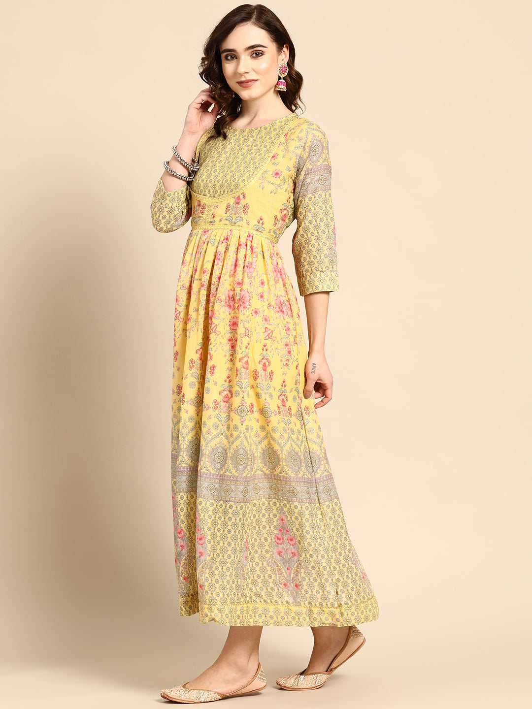 Sangria Women Yellow & Pink Floral Printed Anarkali Kurta | Grocsy