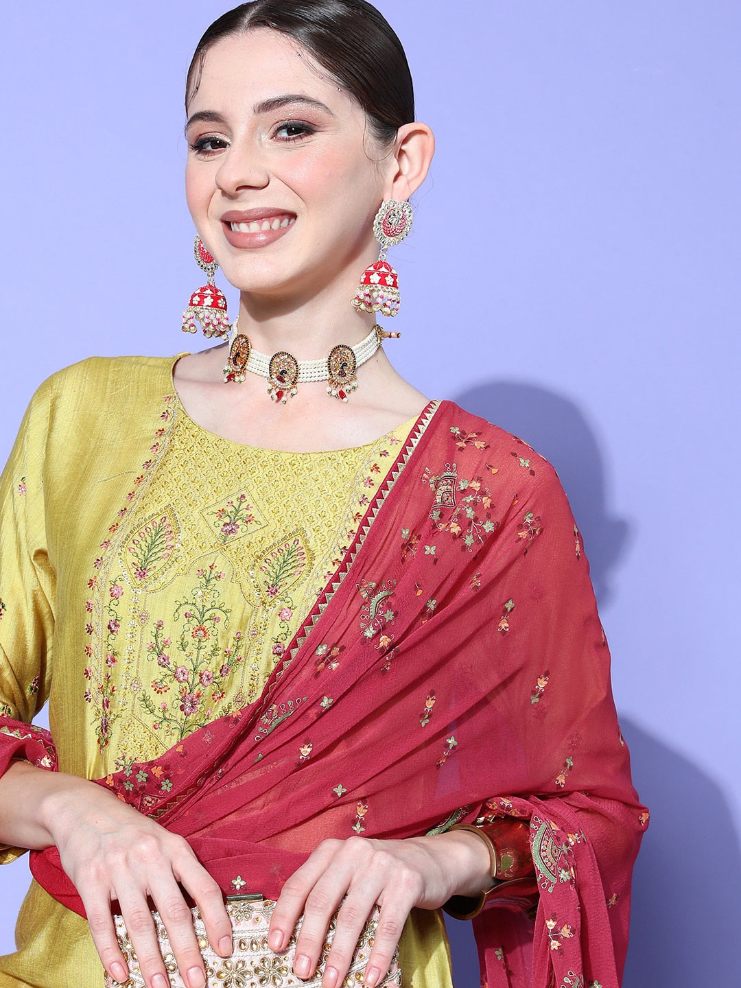 Sangria Ethnic Motifs Yoke Design Regular Sequinned Kurta with Trousers & Dupatta | Grocsy