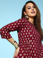 All About You Carmine Maroon Printed A-Line Veere Di Wedding Kurta with Palazzos | Grocsy
