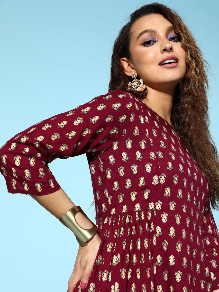 All About You Carmine Maroon Printed A-Line Veere Di Wedding Kurta with Palazzos | Grocsy