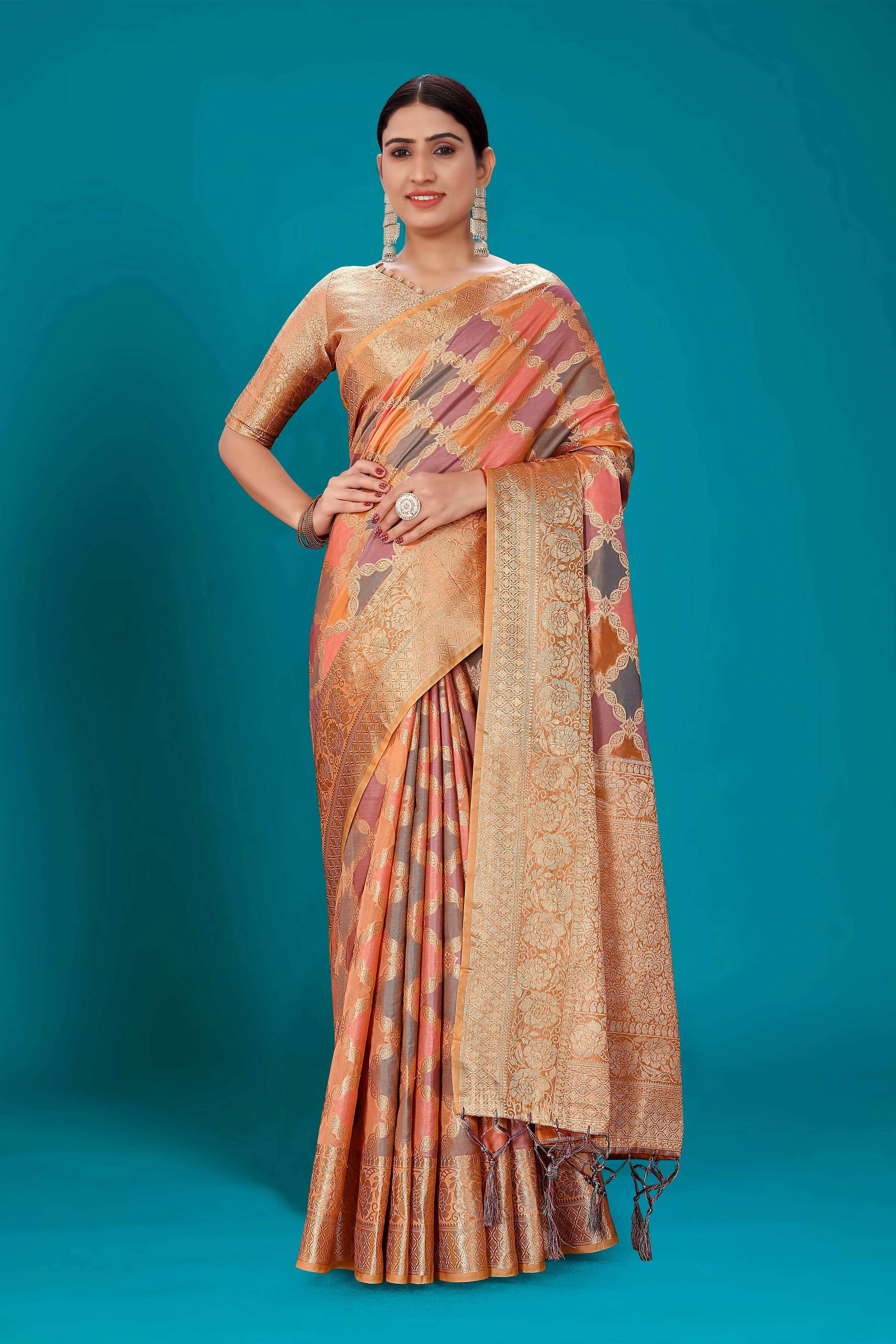 Orange Soft Organza Woven Design Saree with Unstitched Blouse Piece - Zaara | Grocsy