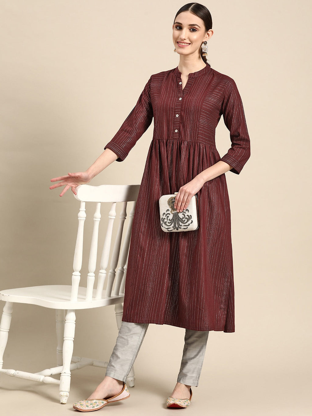 Sangria Women Maroon Striped A-Line Kurta | Grocsy