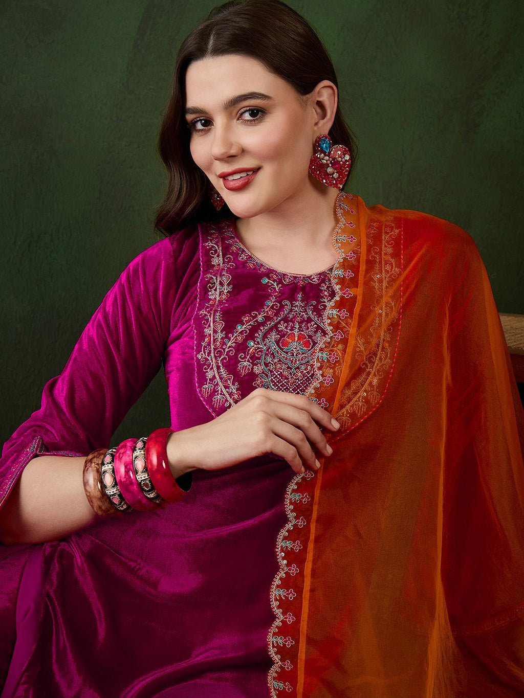 Sangria Embroidered Velvet Kurta & Trousers with Dupatta | Grocsy