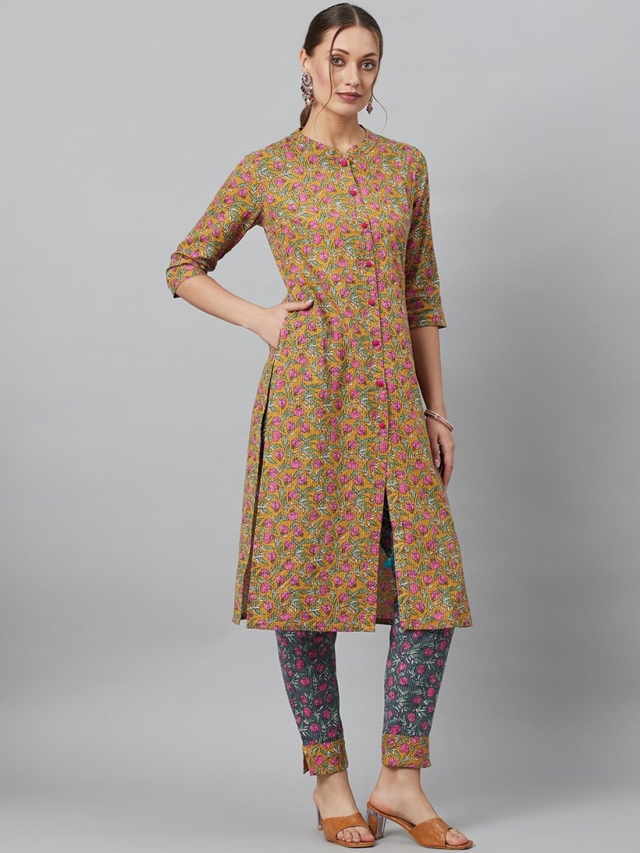 Aks Floral Printed Mandarin Collar Regular Pure Cotton Kurta With Trousers | Grocsy