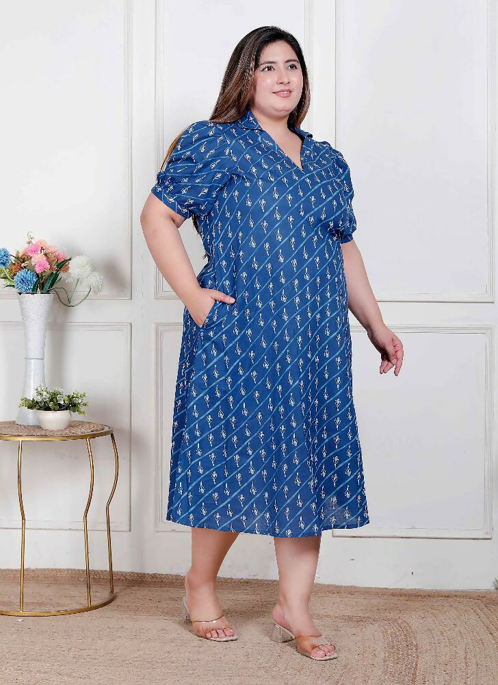 Miravan Plus Size Womens Floral Print Collar-Neck Puff Sleeves A-Line Maxi Dress | Grocsy