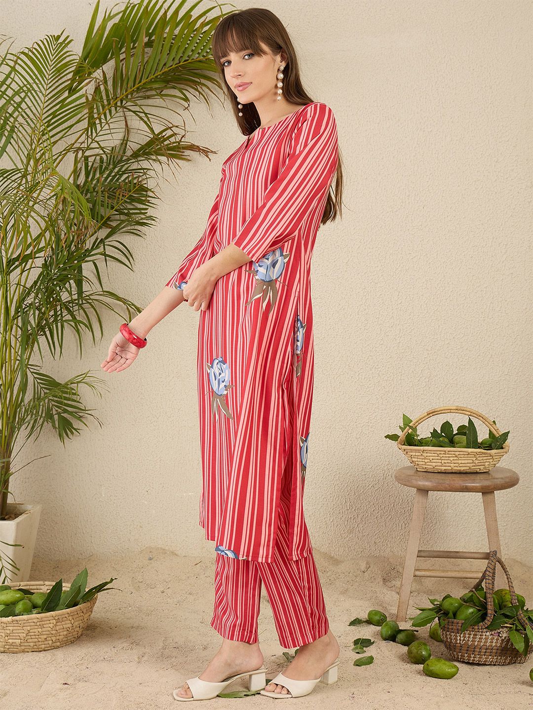 Indo Era Women Solid V-Neck Regular Kurta with Trousers | Grocsy