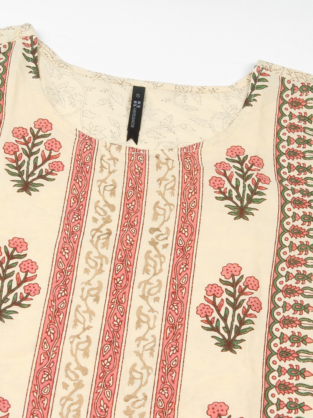 HERE&NOW Cream-Color & Pink Floral Printed Straight Kurta | Grocsy