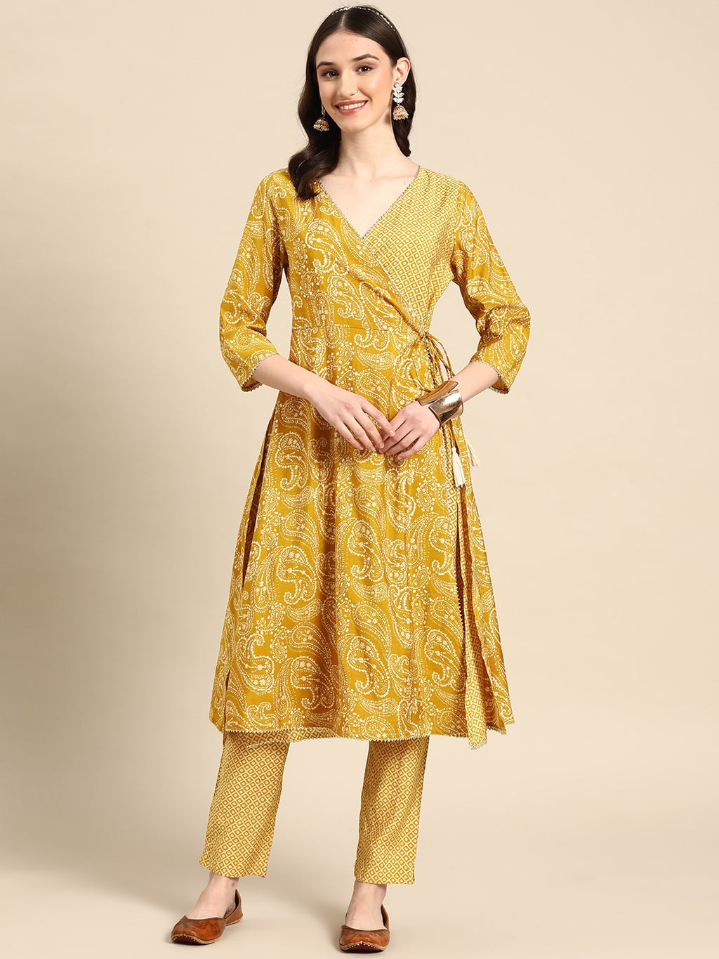 Sangria Women Mustard Yellow Ethnic Motifs Printed Angrakha Gotta Patti Kurta with Trousers | Grocsy