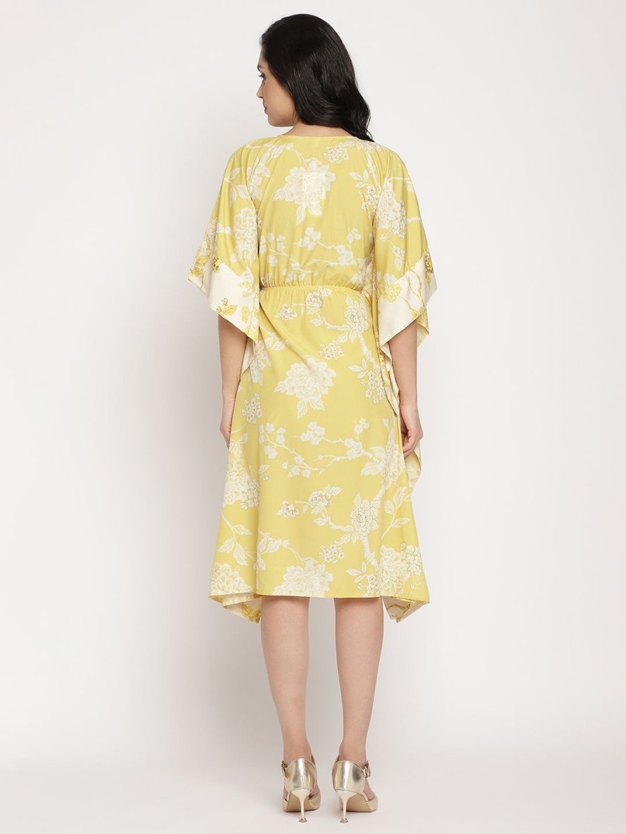 Ahalyaa Women Lime Green & Off White Floral Printed Flared Sleeves Floral Kaftan Kurta | Grocsy