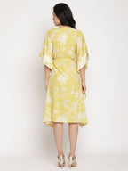 Ahalyaa Women Lime Green & Off White Floral Printed Flared Sleeves Floral Kaftan Kurta | Grocsy