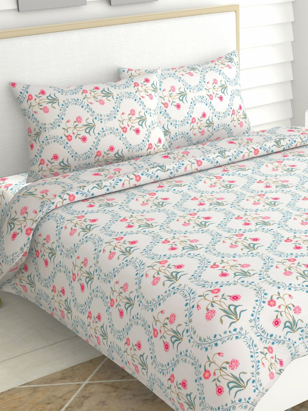haus & kinder Blossoms Pink & White 186 TC Cotton Queen Bedsheet With 2 Pillow Covers | Grocsy