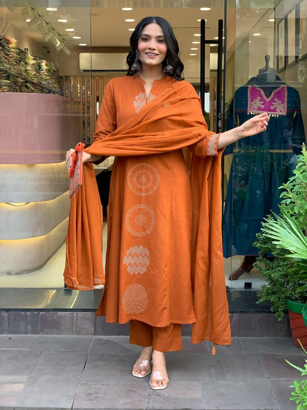The52 Orange Women's Gorgeous Chanderi Fabric Embroidered Work Straight Kurta Pant and Dupatta Set | Grocsy