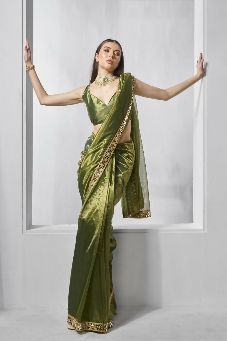 Green Gold Tissue Net Solid & Gold Cotted Saree - Samaa | Grocsy