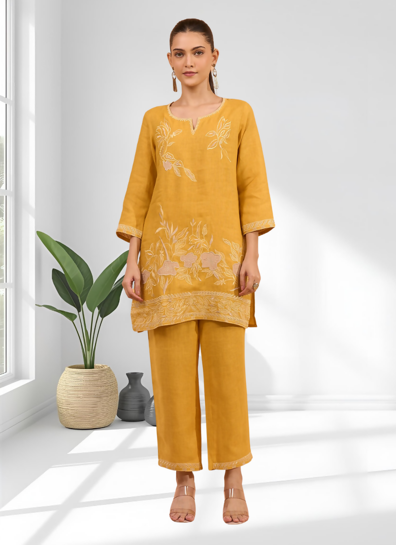 Joban Fashion Mustard Linen Embroidered Readymade Cord Set | Grocsy