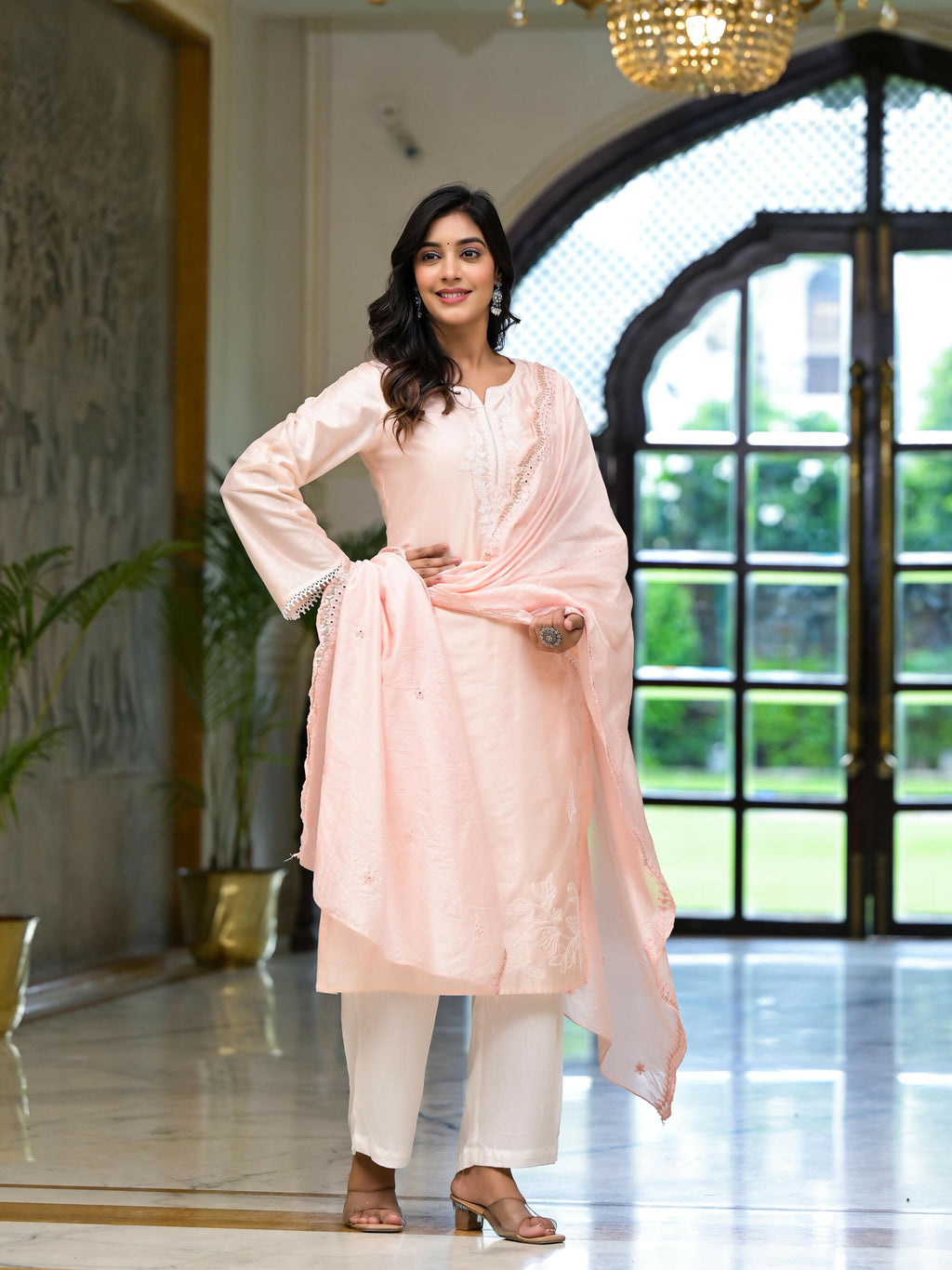 Juniper Women's Pink Thread Embroidered Viscose Kurta Palazzo And Dupatta Set With Thread & Mirror Work | Grocsy