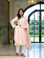 Juniper Women's Pink Thread Embroidered Viscose Kurta Palazzo And Dupatta Set With Thread & Mirror Work | Grocsy