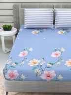 DREAM WEAVERZ Blue & Pink Floral Glazed Cotton 220 TC King Bedsheet with 2 Pillow Covers | Grocsy