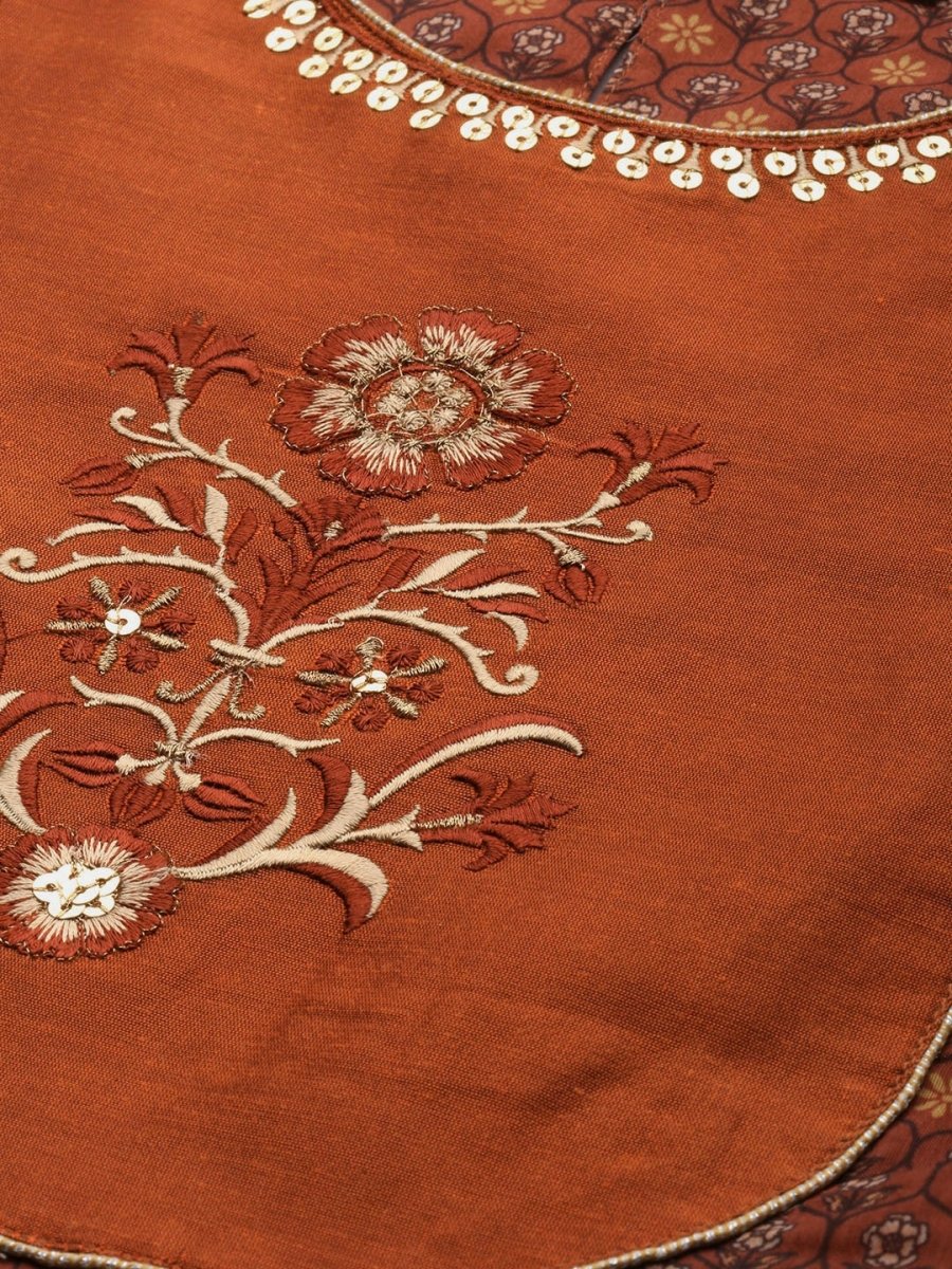 All About You Women Rust Floral Printed Empire Kurta with Trousers | Grocsy