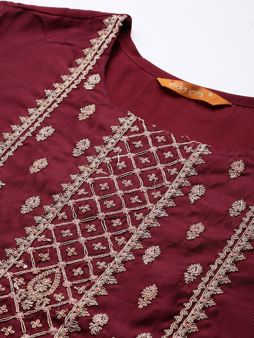 Indo Era Women Magenta Ethnic Motifs Embroidered Kurta with Trousers & With Dupatta | Grocsy