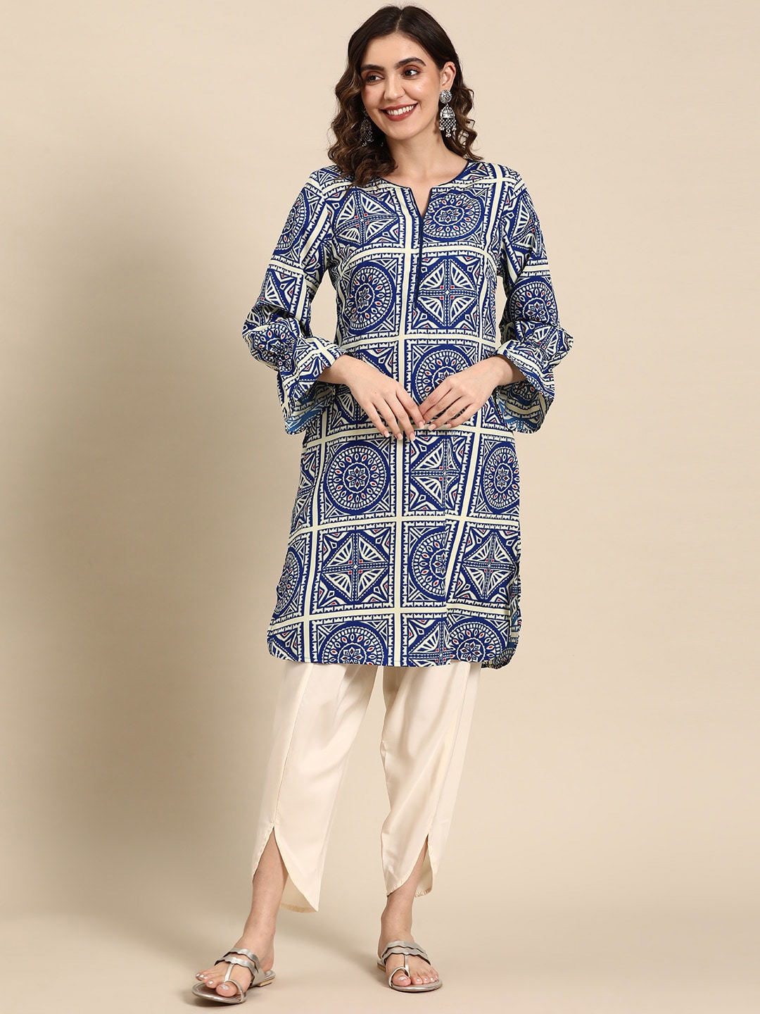 Sangria Ethnic Motifs Printed Puff Sleeves Kurta with Dhoti Pants | Grocsy