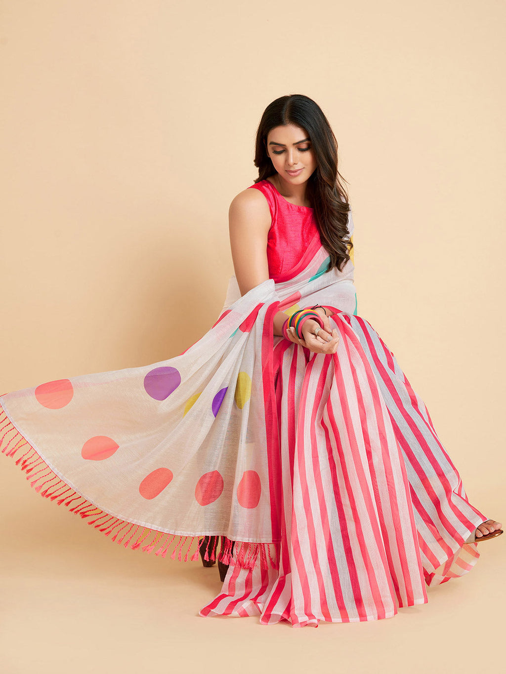 Sangria White & Pink Polka Dotted Saree | Grocsy