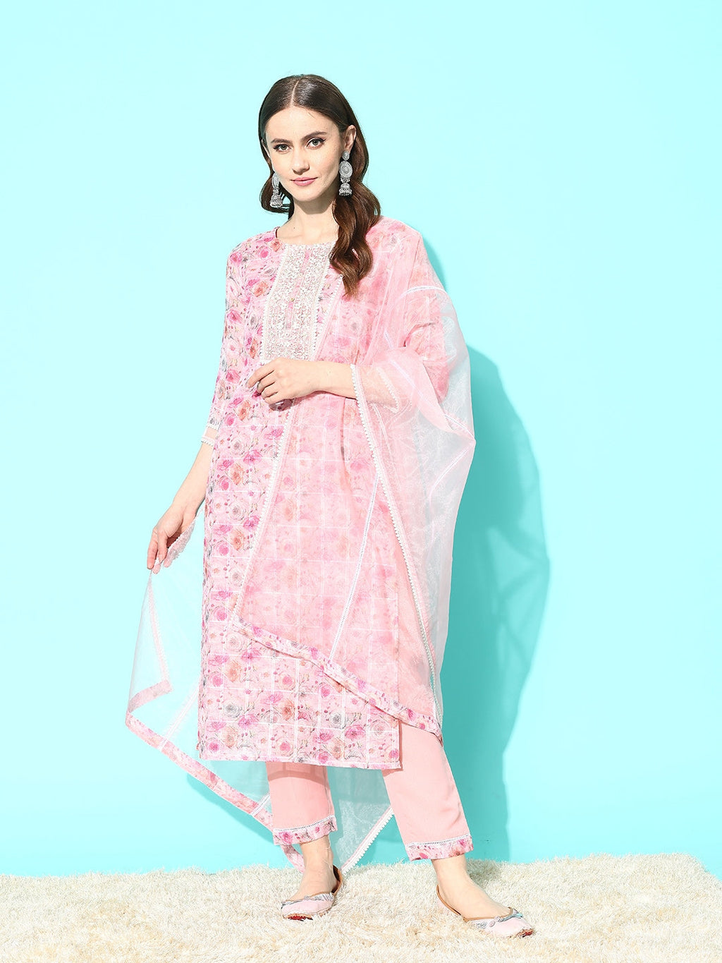 Sangria Floral Printed Regular Thread Work Linen Kurta with Trousers & With Dupatta | Grocsy
