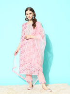 Sangria Floral Printed Regular Thread Work Linen Kurta with Trousers & With Dupatta | Grocsy