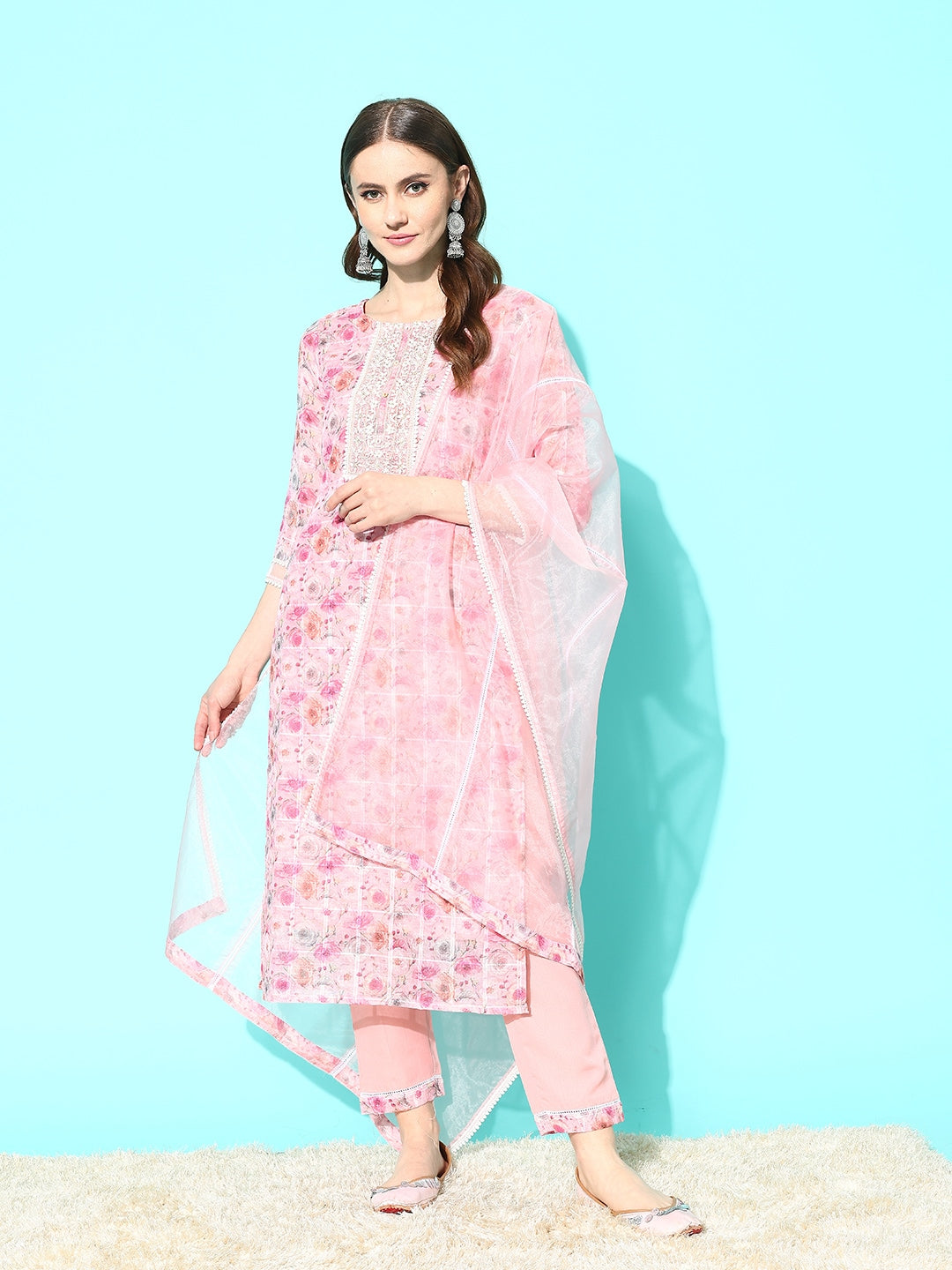 Sangria Floral Printed Regular Thread Work Linen Kurta with Trousers & With Dupatta | Grocsy