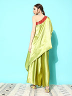InWeave Women's Olive Red Brocade Satin Oneshoulder Kurta Set | Grocsy