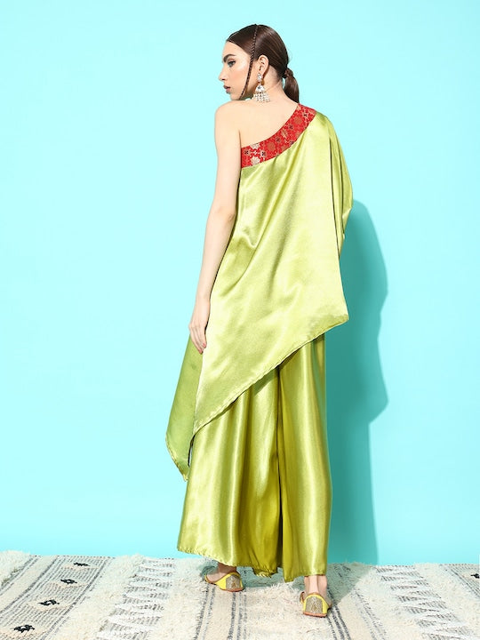 InWeave Women's Olive Red Brocade Satin Oneshoulder Kurta Set | Grocsy