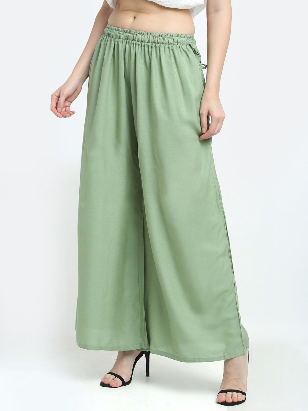 TAG 7 Women Sage Green Solid Flared Fit Ethnic Palazzos | Grocsy